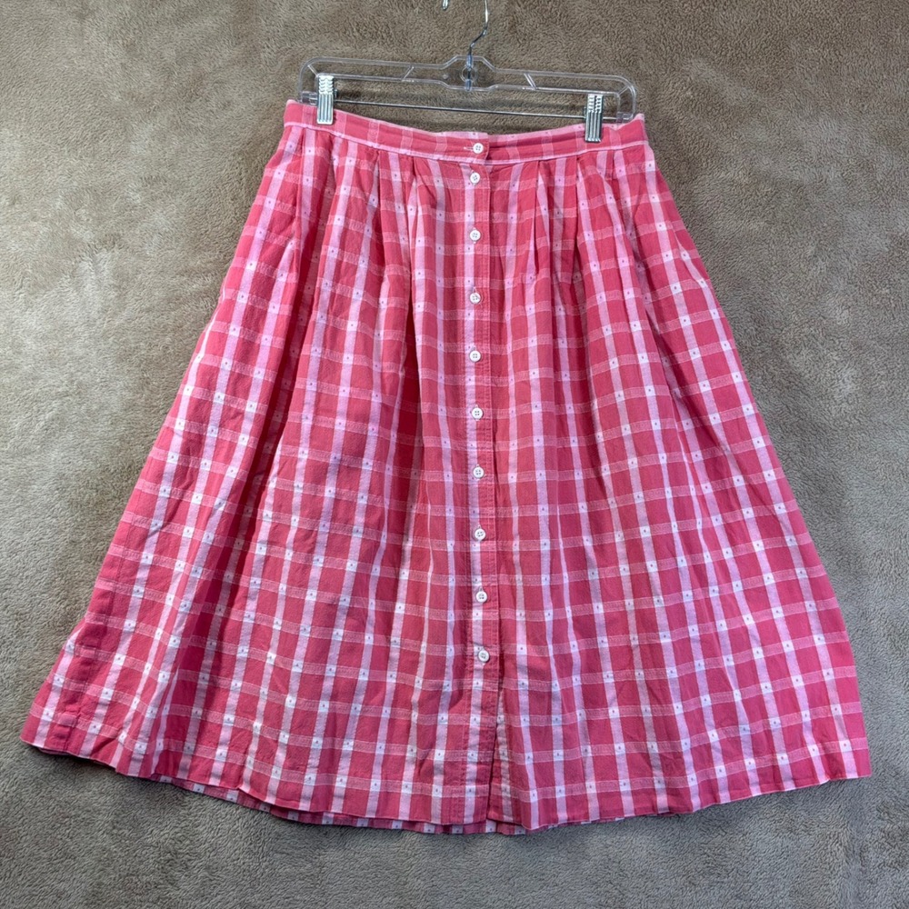 VTG L.L. Bean Pink Plaid Button Front Midi Skirt Cotton Pockets USA 16P